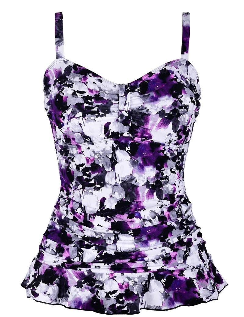 Hilor Women's 50's Retro Ruched Tankini Swimsuit Top with Ruffle Hem Purple Floral 16 - Image 1